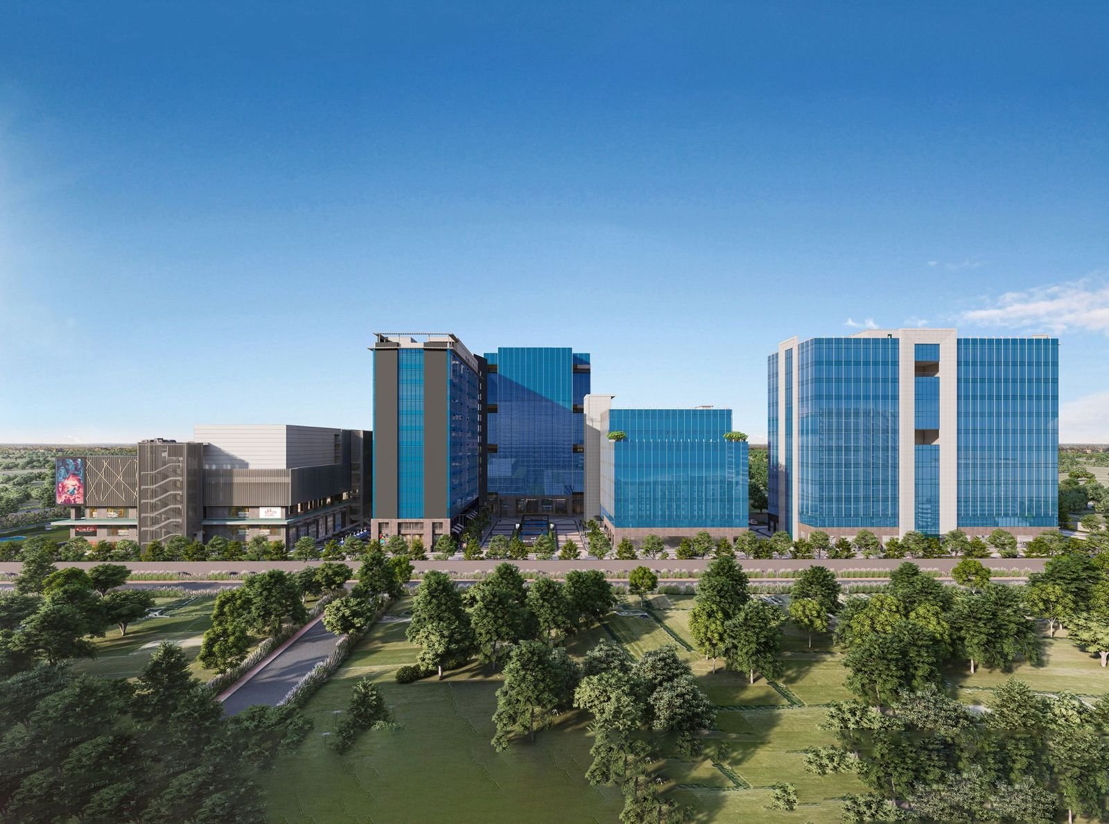Modern glass office towers at 12th Avenue