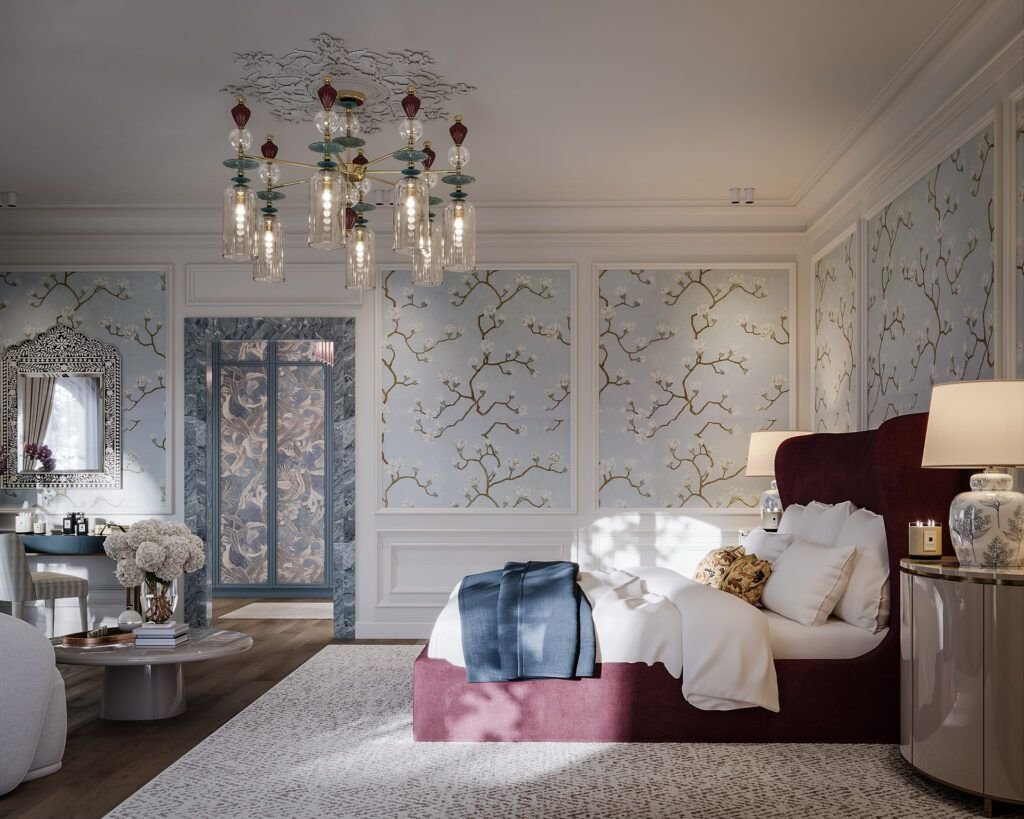 Elegant bedroom interior with chandelier and upholstered bed