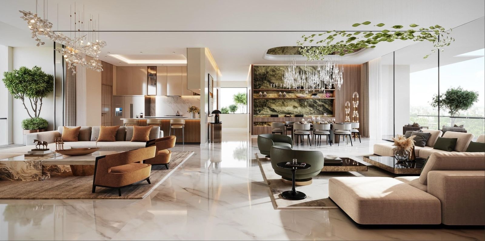 Luxury living room interior with double-height windows at The Wisterias